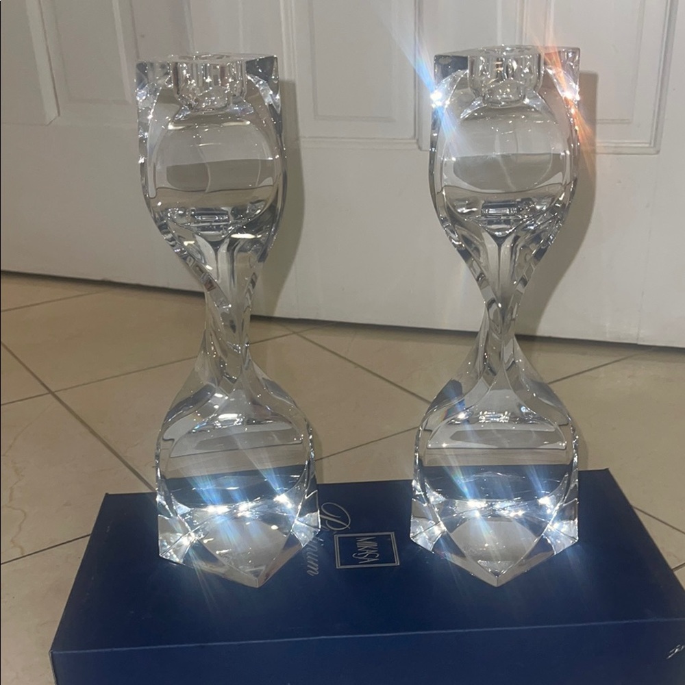 Elegant Mikasa Platinum Crystal Twisted Candle Holder Set